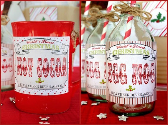 Retro Christmas Drink Egg Nog & Hot Cocoa Labels - INSTANT DOWNLOAD - Printable Xmas Party Decorations by Sassaby Parties Il_570xn