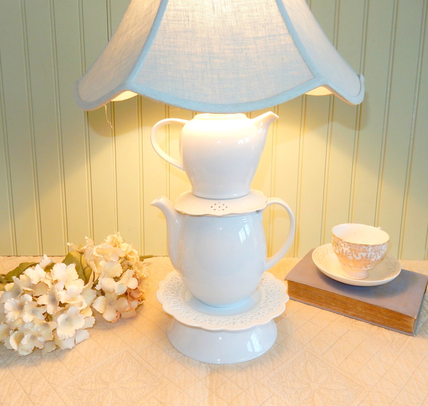 Teapot Lamp Whimsical Teapots with Lacy Saucers by ThistleandJug
