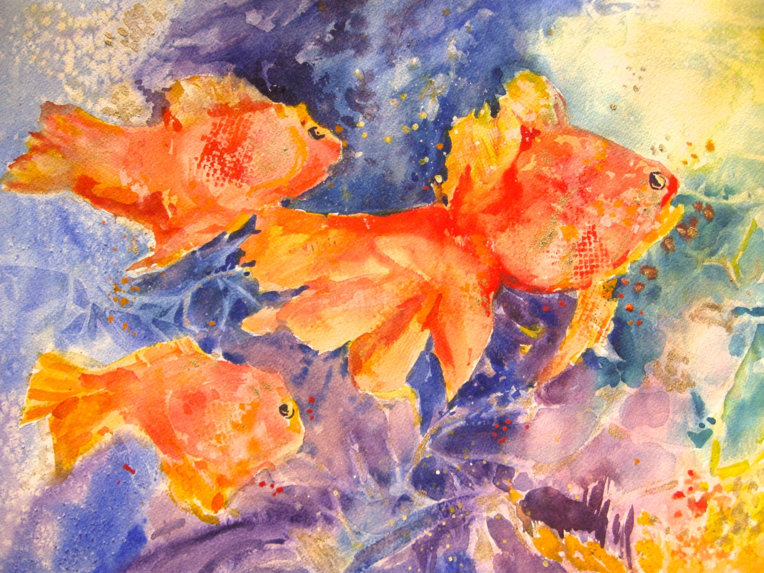 Watercolor Painting Goldfish original art 16x20 by CarlottasArt