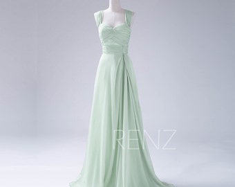 Bridesmaid Dress Dusty Mint Prom Dress,Double Straps Long Chiffon Party Dress, Ruched Evening Gown,Sweetheart Maxi Dress (F108)-Renzrags