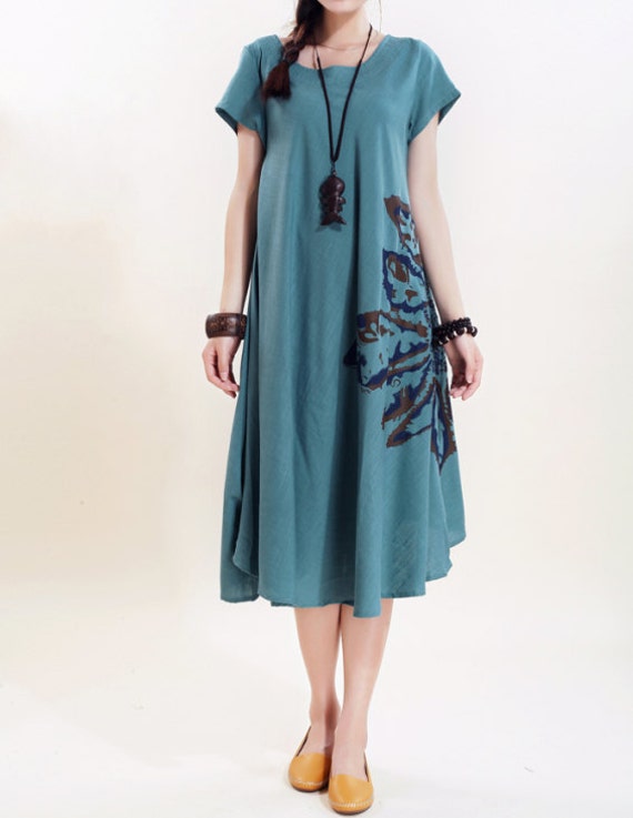Women linen long sundress blue linen long dress beige by MaLieb