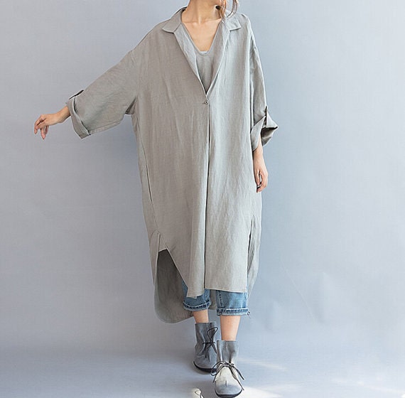 Women Loose Fitting linen Long dress/ Cotton Asymmetric gray