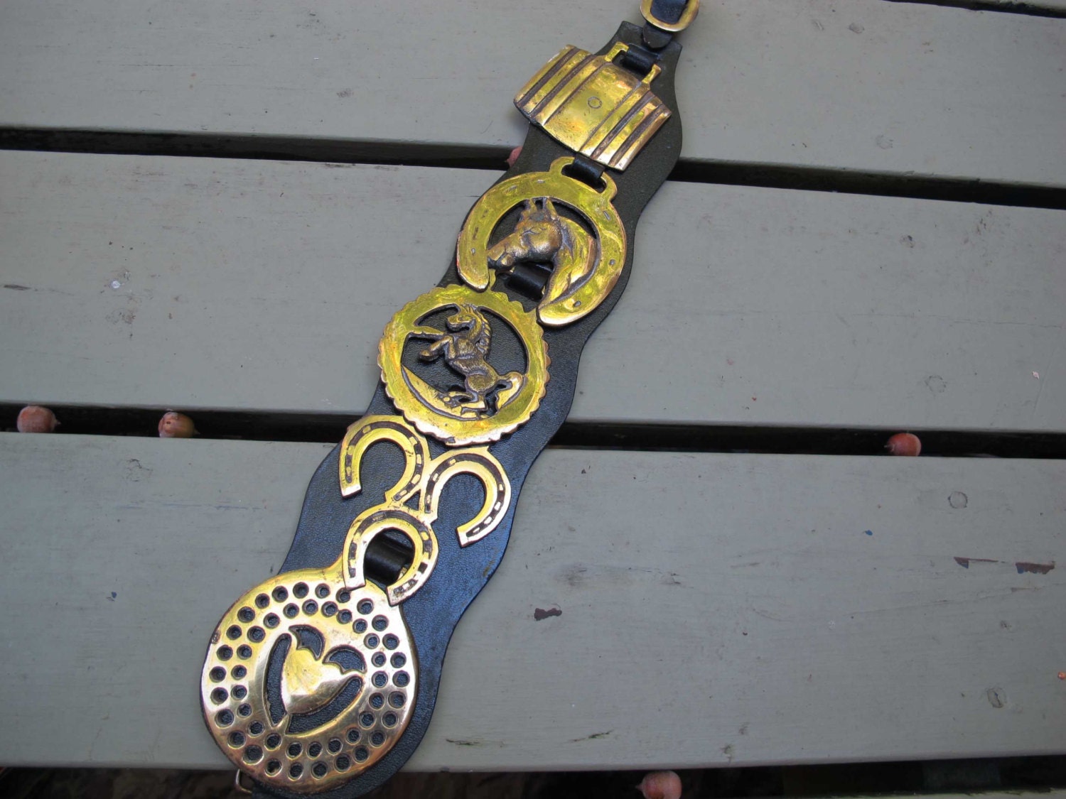 Vintage horse tack decor / Brass and leather horse brasses