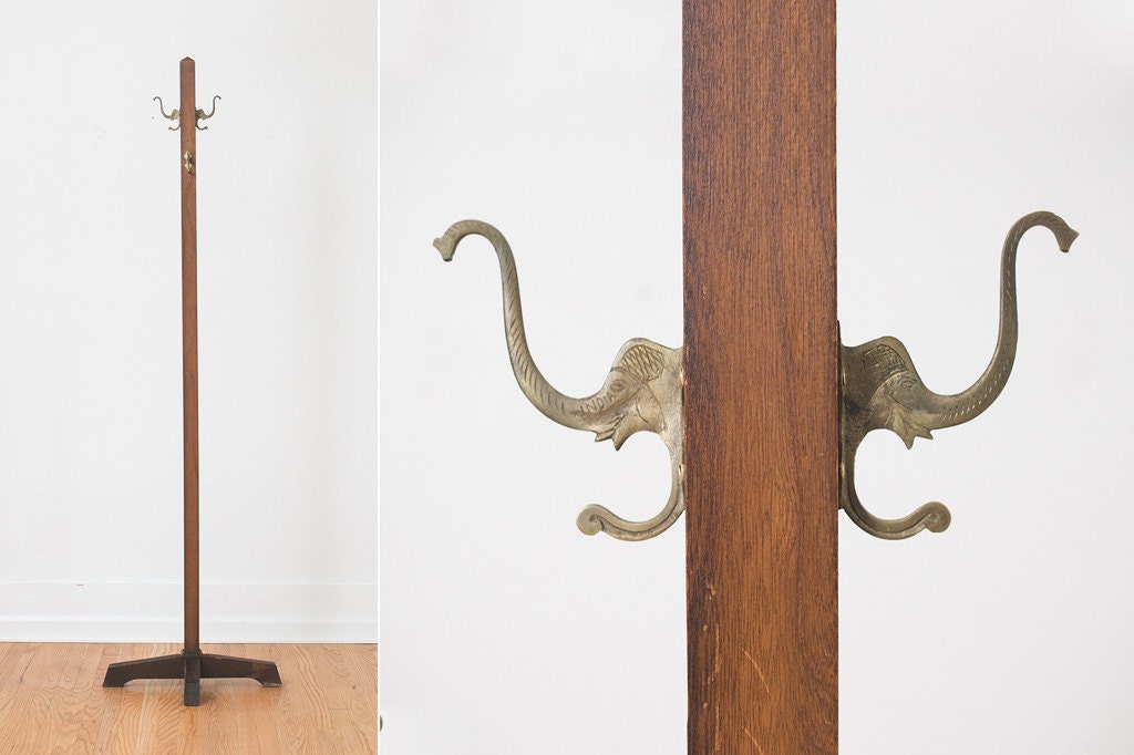 Brass & Wood Elephant Hook Coat Rack