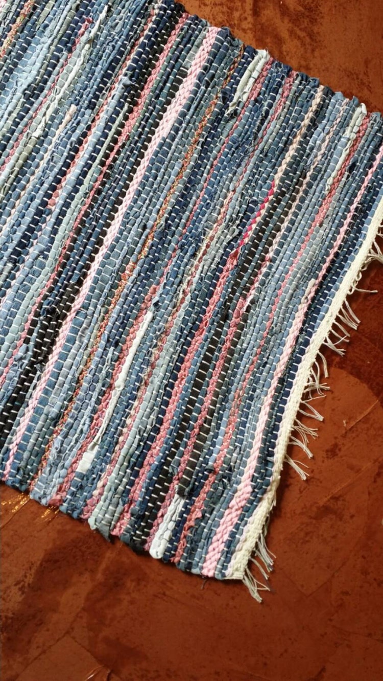 Denim with Pink Handwoven Rag Rug Floor Rug by JessieMayDesigns