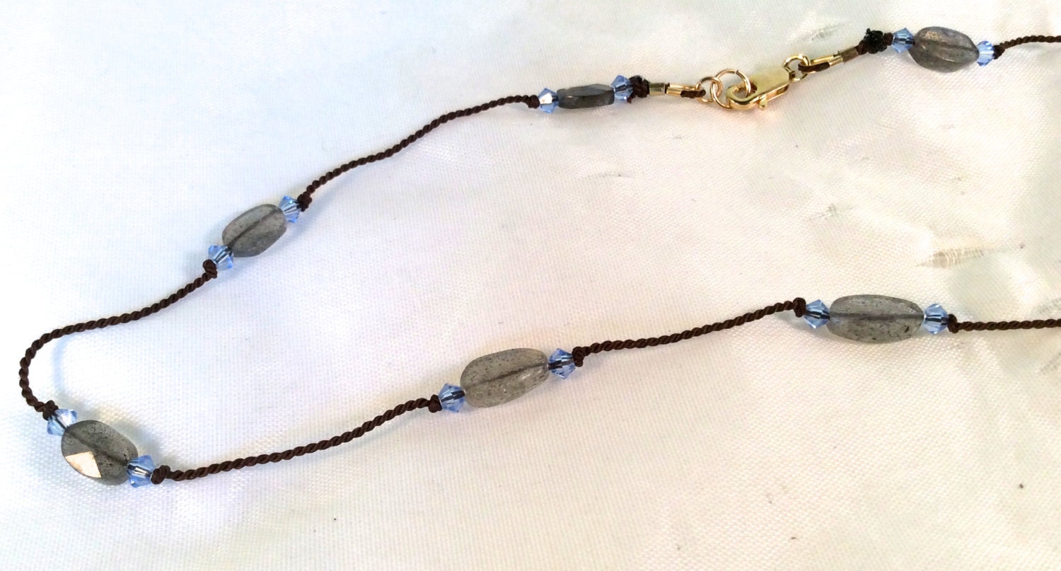 Knotted chocolate brown silk cord necklace with labradorite