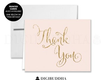 Blush Pink & Gold Thank You Card INSTANT DOWNLOAD Glitter Shabby Chic Folded Note Card Notecard Blank Inside Digital or Printed - Mila Style