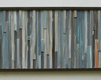Distressed Reclaimed Wood Wall Art Sculpture Modern Painting Rustic-Abstract Blue