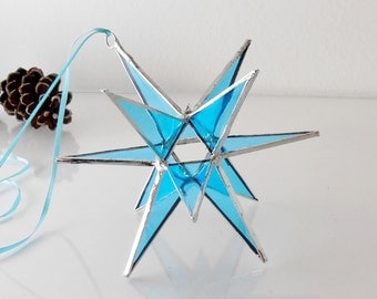12 Point Moravian Star. Light Blue Star. Stained Glass Star. 6"