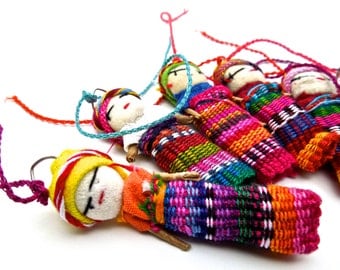 VINTAGE: 1980's - 6 Native Guatemalan Worry Doll Ornaments - Charms - Handmade Dolls - Yarn Dolls - New Old Stock 21-F2