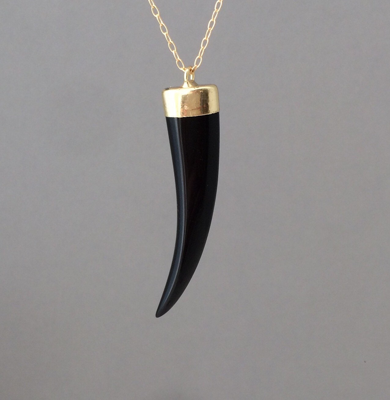 Gold Black Onyx Tusk Horn Necklace