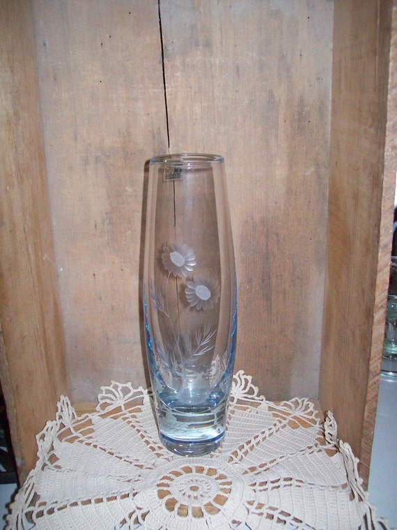 Glass Handblown Vase Etched Flowers Norway by BigSkyTreasures