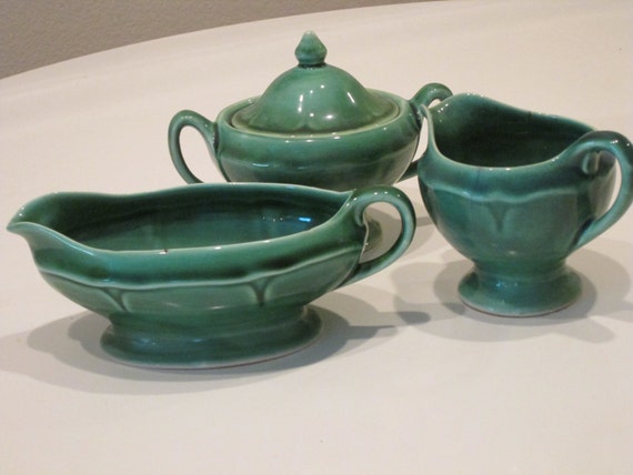 Mount Clemens Pottery. Sugar Bowl Creamer and Gravy Boat.