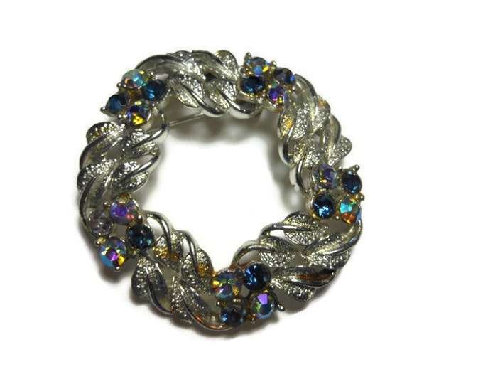 FREE SHIPPING Rhinestone circle pin brooch with silver leaves, late 1950s early 60s, blue rhinestones and Aurora Borealis (AB) rhinestones