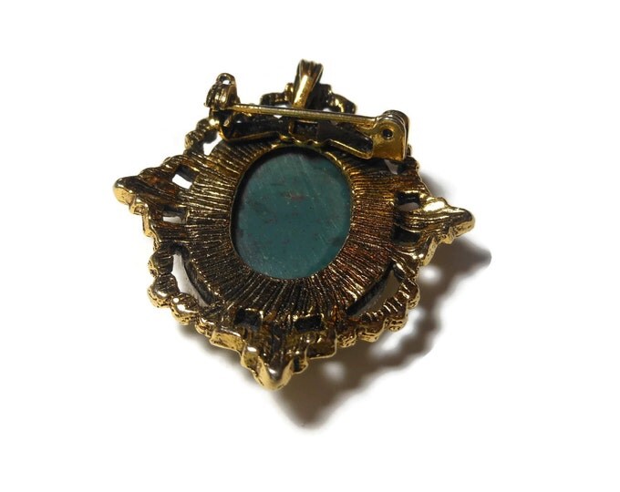 FREE SHIPPING Green stone pendant brooch, probably jasper, genuine stone cabochon with a gold plated frame, interchangeable