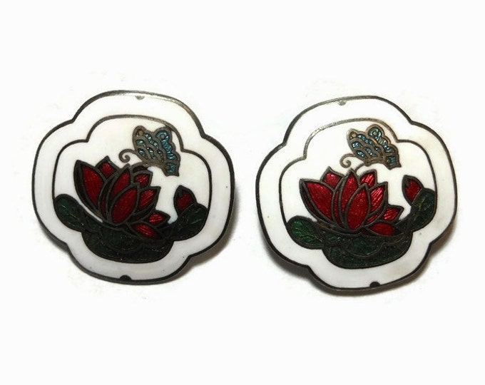 FREE SHIPPING Cloisonne floral earrings, pierced quatrefoil earrings, white enamel with red flower and blue green butterfly, rose peony