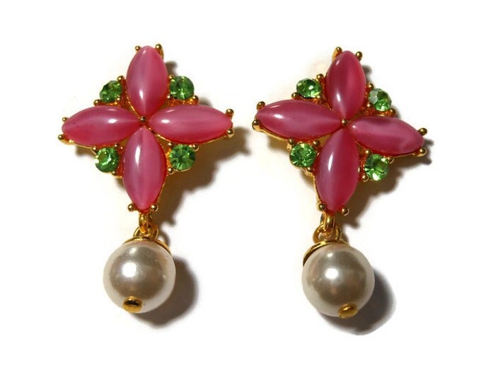 FREE SHIPPING Pink cross earrings, pink glass navettes in the shape of a cross, green rhinestones adangling white glass pearl, pierced post