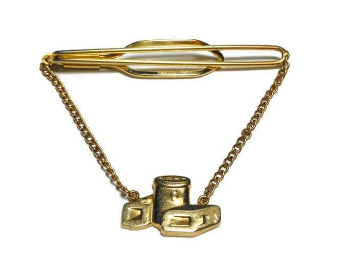 FREE SHIPPING Hickok canister tie clasp with chandelier chain, canisters with a keystone symbol on them, gold tone