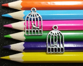 10 PCS - Bird Cage Birdcage Silver Charm Pendant C0212