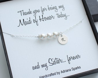 Personalized Maid of Honor Gifts, Personalized Pearl Bracelet, Initial Bracelet, Thank you gift for bridesmaid, Maid of Honor Thank you Card