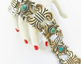 Designer 1940s Mexican Sterling and Turquoise Bracelet