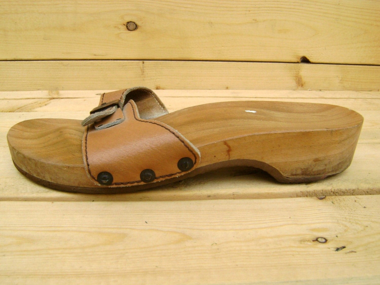 70s Dr Scholls WOOD sandals vintage tan brown leather clogs