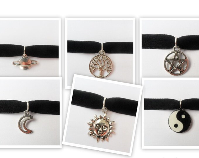 Velvet choker necklace, Black, Saturn, tree, sun, moon, pentagram or yin yang (pick your own neck size and pendant) ribbon choker necklace