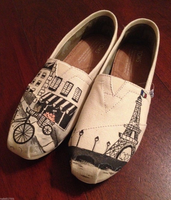 Paris France Themed Eiffel Tower Custom Painted TOMS Classic Womens Canvas Sneaker by Arts and Soles