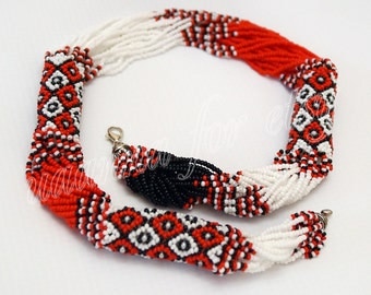 Ukrainian folk-gerdan necklace with beads. Red-black-and-white colors. Handmade 100%.