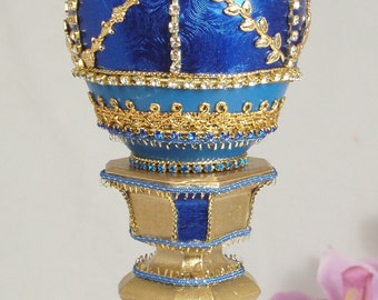 Decorated Goose Egg - Faberge Style Jewelry/Keepsake Box - The Blue Goose Egg - Handmade Decorated Egg