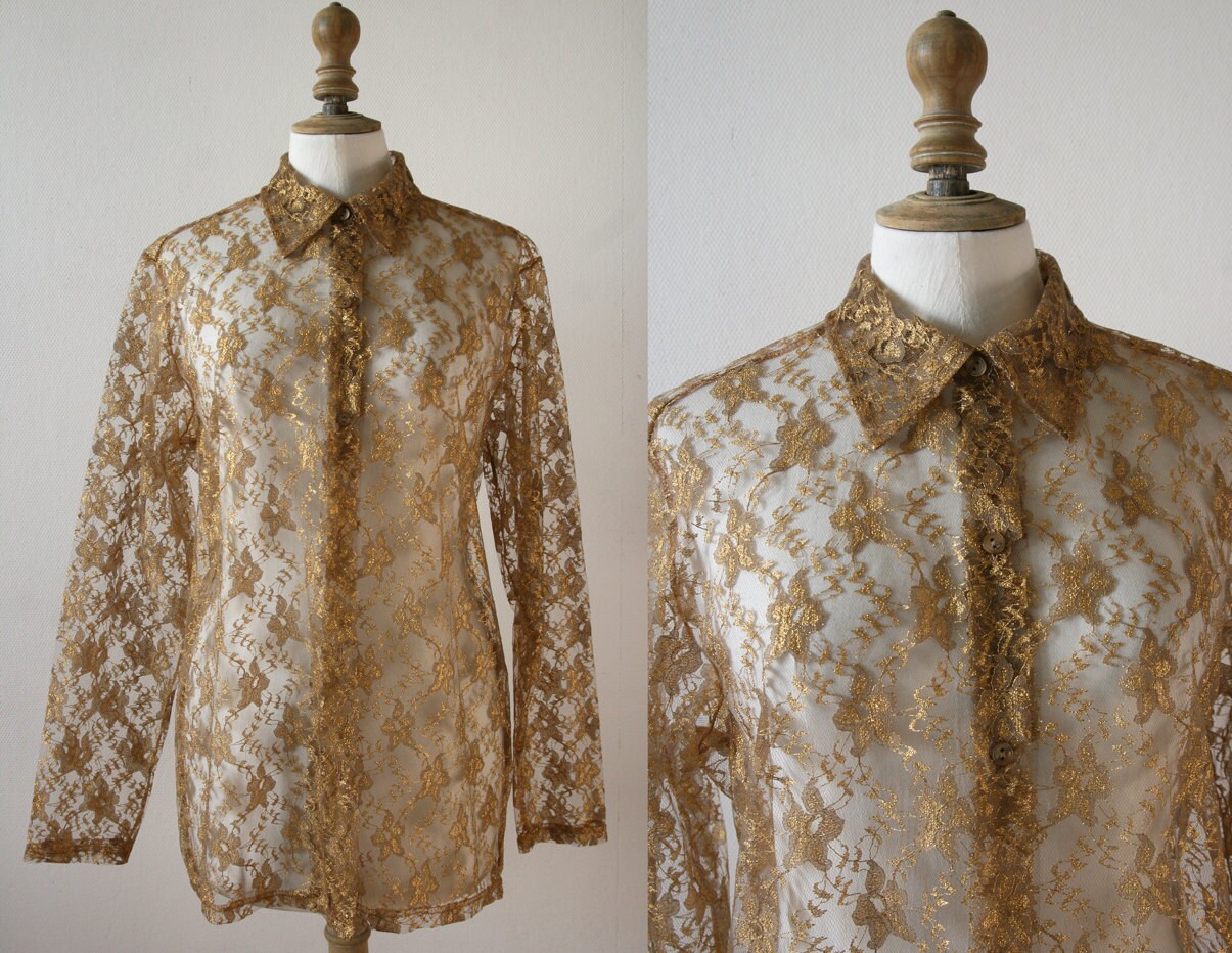 1990 's Gold Lace blouse long sleeves