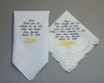 Wedding Handkerchiefs Set of Two Personalized Embroidered to Mother of the Bride & Father of the Bride (Monogram / Custom #5071)