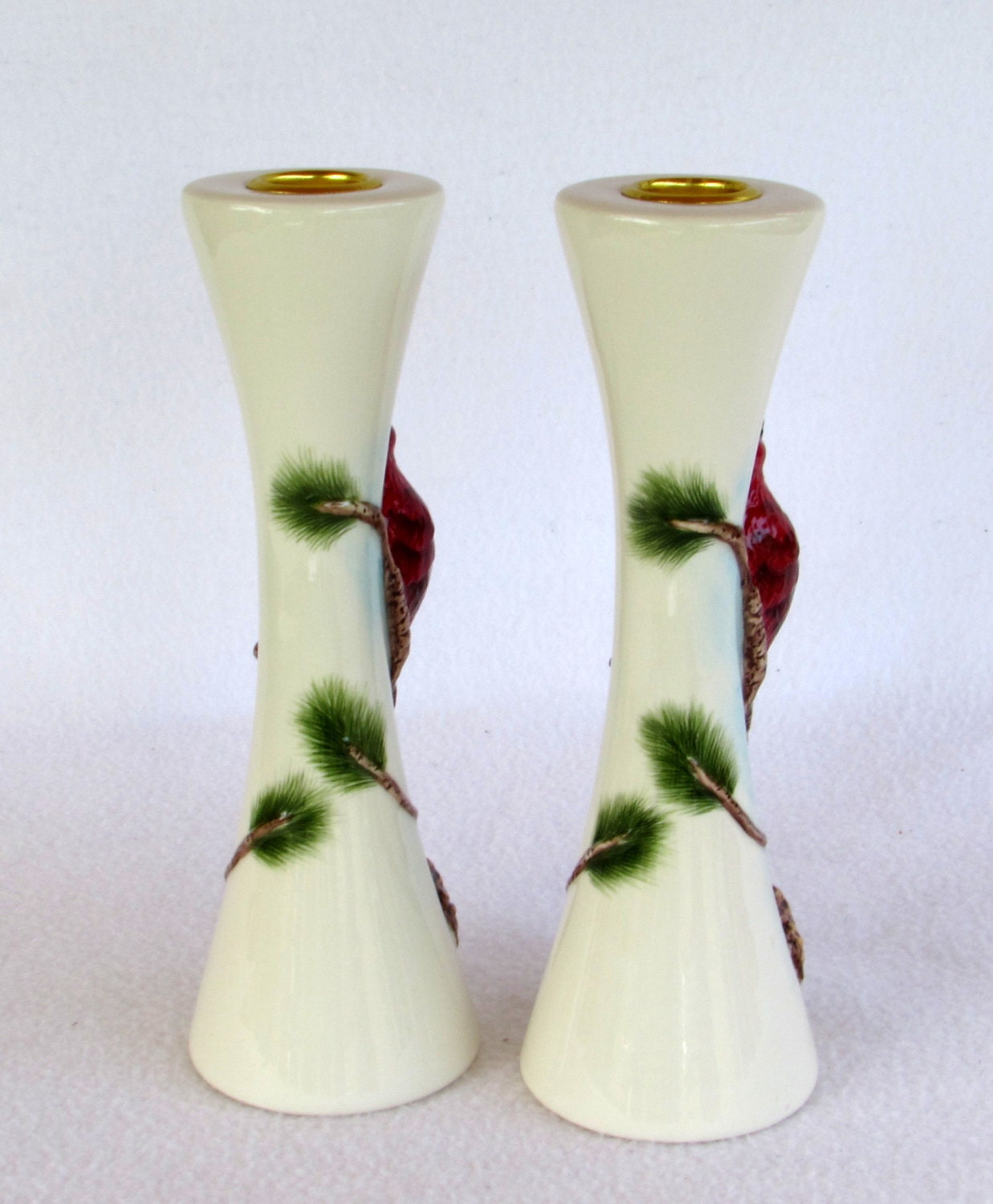 Cardinal Candle Holders Red Birds on an Evergreen by DayJahView