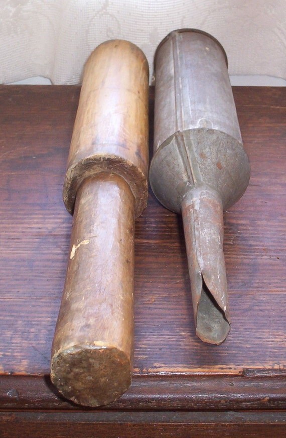 Antique primitive sausage stuffer press tin and wood