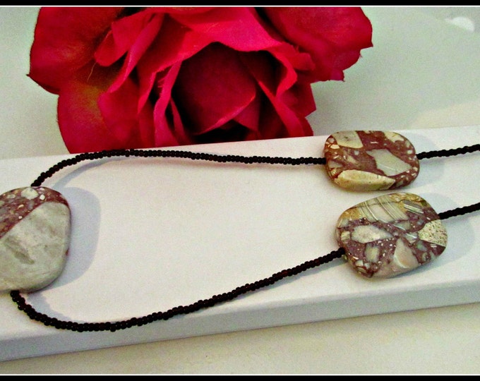 Jasper Breccia bead necklace - Red white Gemstone - Black seed beads handmade