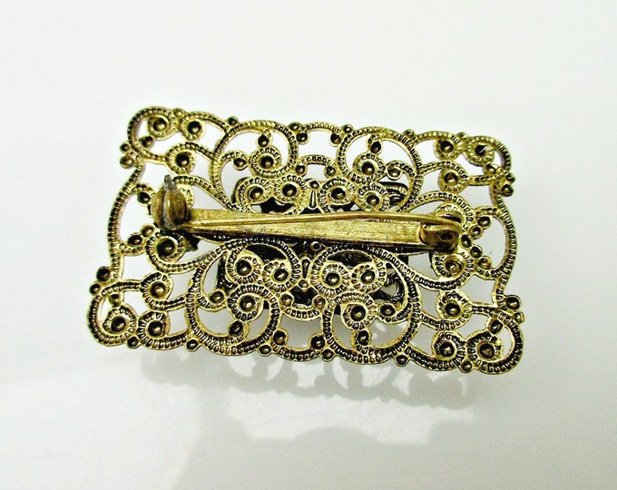 Black Glass Brass Brooch rectangle gold filigree mourning pin