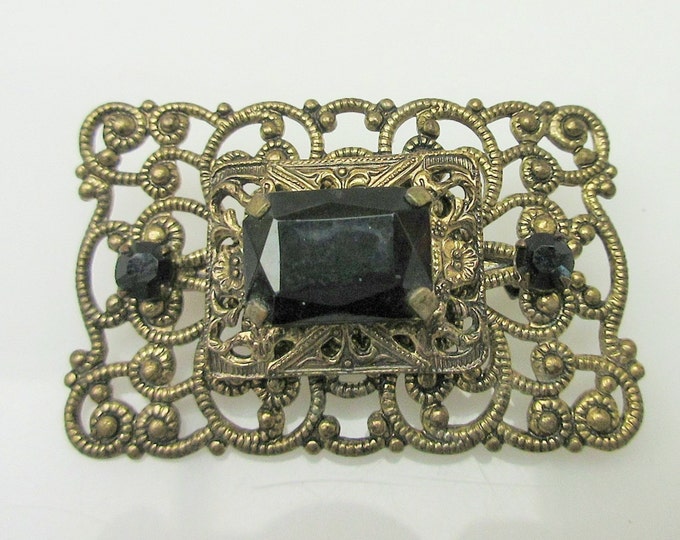 Black Glass Brass Brooch rectangle gold filigree mourning pin