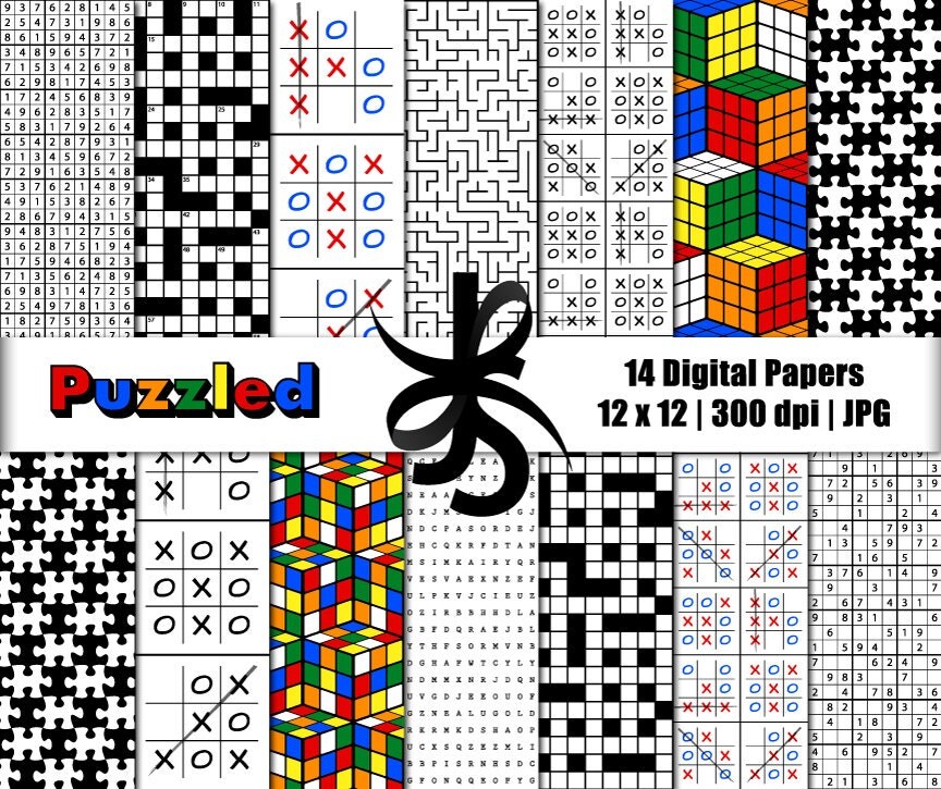 Digital Scrapbook Papers Puzzle Themes Crossword Cube Word