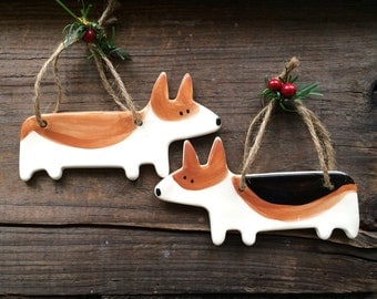 Dog Ornament, Corgi Dog Ornament, Welsh Corgi Ornament, Corgi Christmas Ornament,Handmade pottery Dog Ornament,Red and White Corgi tri color