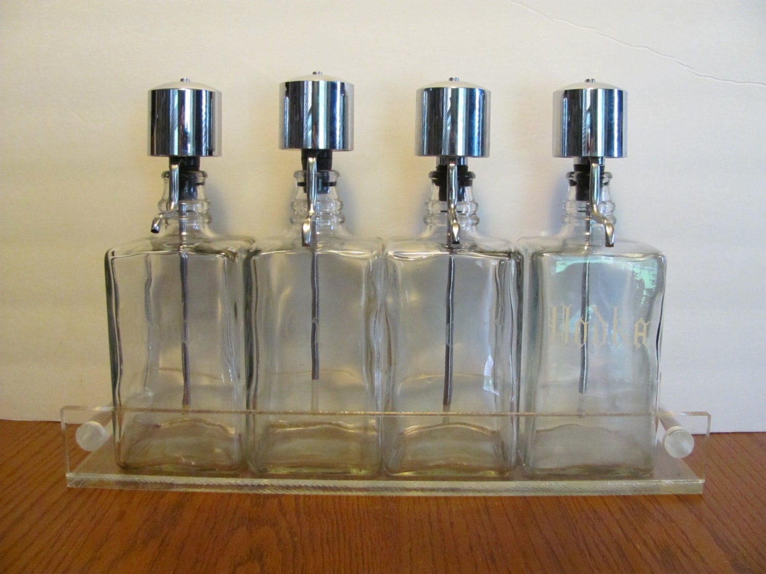 Vintage Glass Pump Top Liquor Decanters with Caddy Carrier