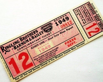 One (1) Large Vintage Circus Ticket - 1 Old Illustrated Ringling Brothers Barnum & Bailey Circus Ticket from 1949 - Press Ticket