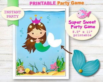 Pin the Tail on the Mermaid - Printable party games. Mermaid party decor. Pool party decor. kids party ideas. Girls mermaid party decoration