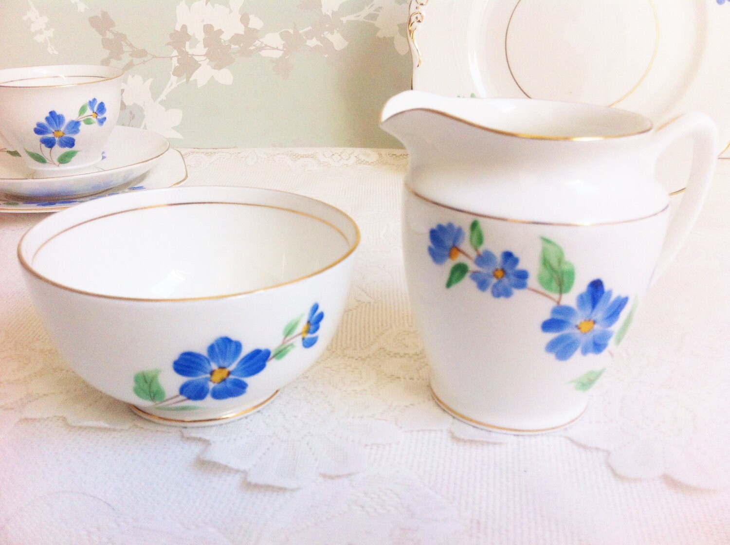 Lovely Vintage Creamer and Sugar Bowl with Hand Painted Blue Flowers. Haute Juice