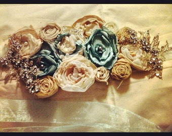 Wedding sash belt bridesmaids maternity sash fabric flower vintage rhinestone sea foam green cream beige beaded rhinestone turquoise