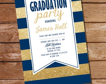 Navy Blue and Gold Graduation Invitation - Gold Graduation Invitation - Instant Download & Edit at home with Adobe Reader - Print at Home!