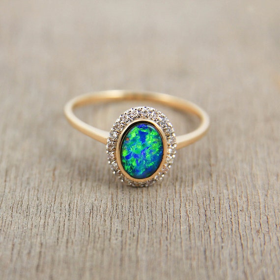 Black Opal & Diamond Engagement Wedding Ring 14K Gold Natural