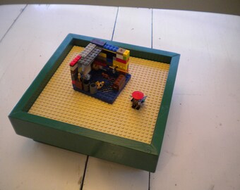 Green Play Table for LEGO® Bricks with 10"x10" tan baseplate. Storage table for LEGO Bricks. Portable play station for LEGO Bricks.