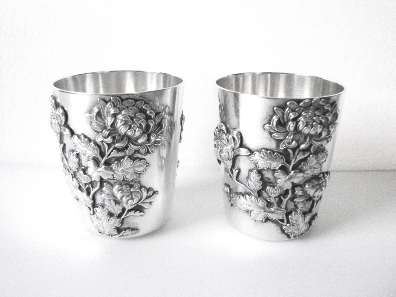 Ornate Antique Japanese Silver Set Of Sake Cups by CastEyesUpon
