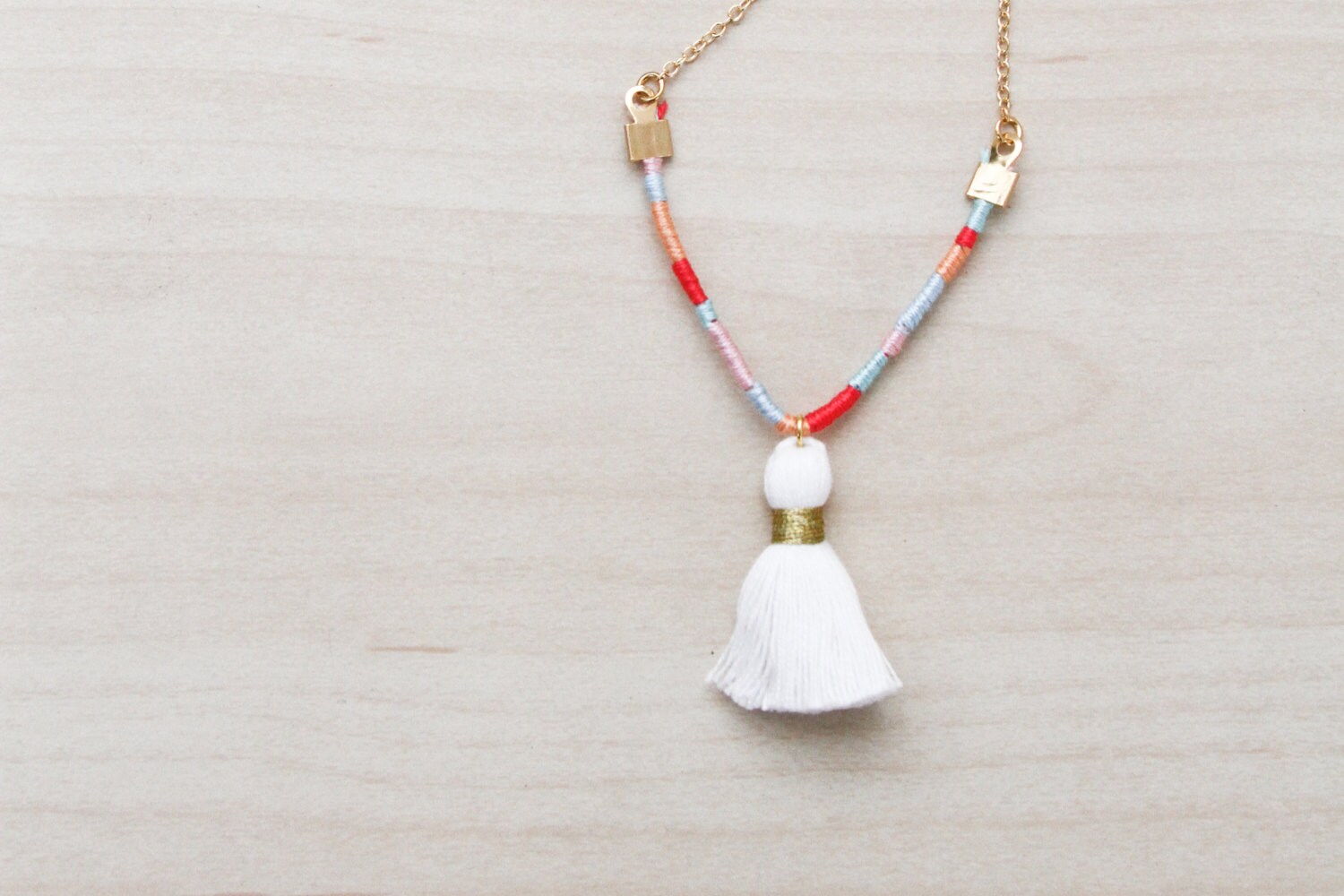 Tassel Necklace Embroidery Thread Necklace White by dnaranja