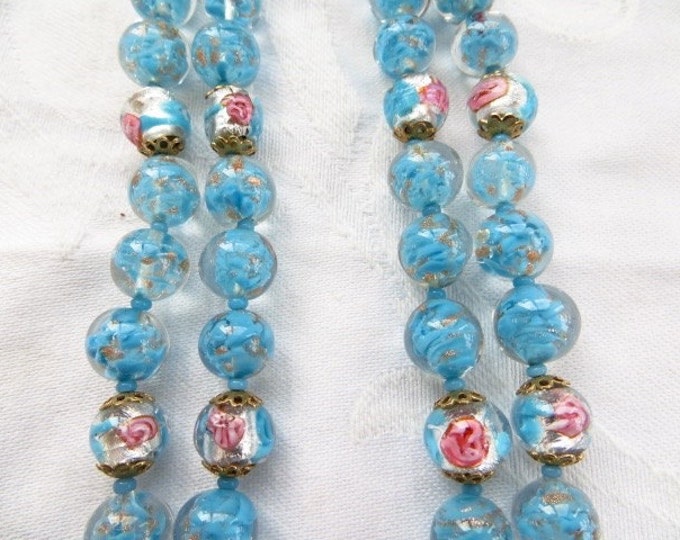 Venetian Necklace, Sommerso Beads Double Strand, Vintage Murano Glass Bead Necklace